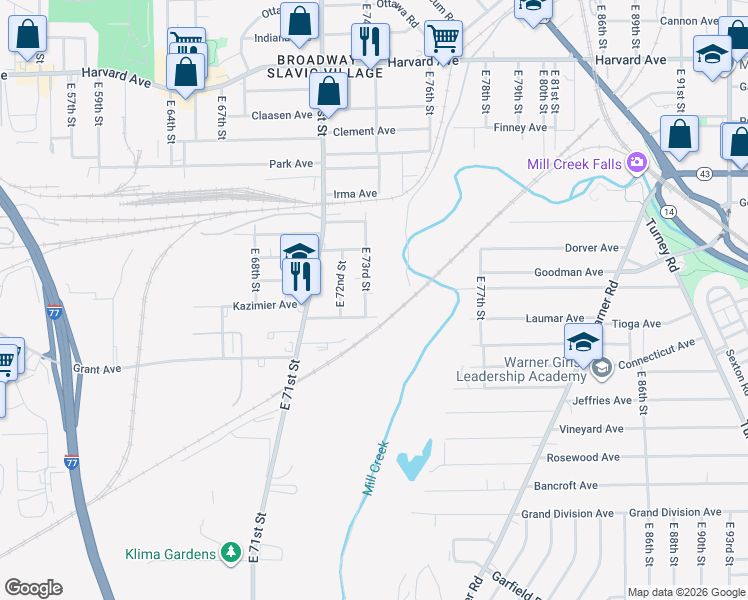 map of restaurants, bars, coffee shops, grocery stores, and more near 7315 Deveny Avenue in Cleveland