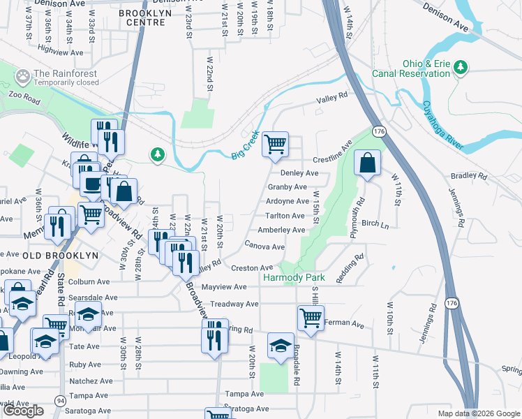 map of restaurants, bars, coffee shops, grocery stores, and more near 1817 Tarlton Avenue in Cleveland