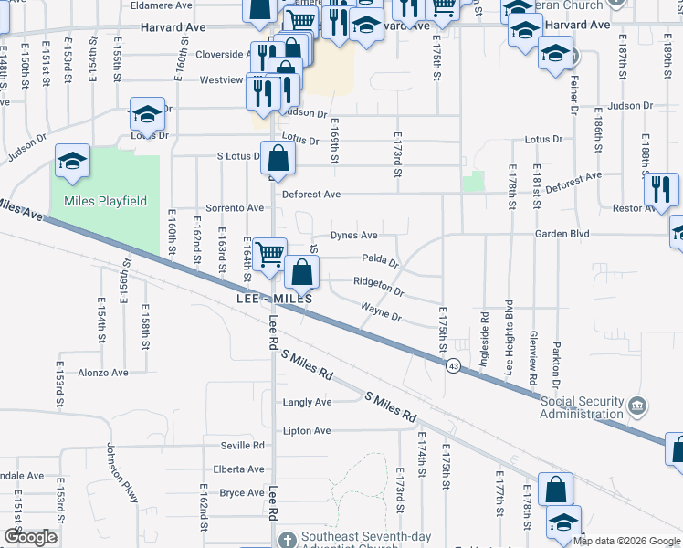 map of restaurants, bars, coffee shops, grocery stores, and more near 17103 Wayne Drive in Cleveland
