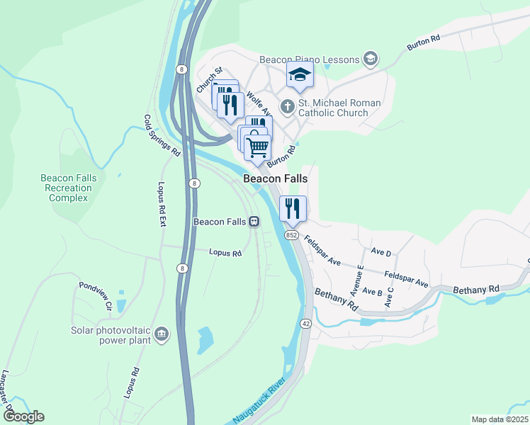 map of restaurants, bars, coffee shops, grocery stores, and more near 39 Railroad Avenue in Beacon Falls