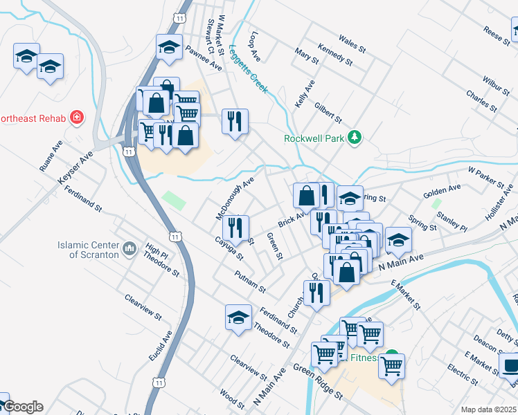 map of restaurants, bars, coffee shops, grocery stores, and more near 1754 Perry Avenue in Scranton