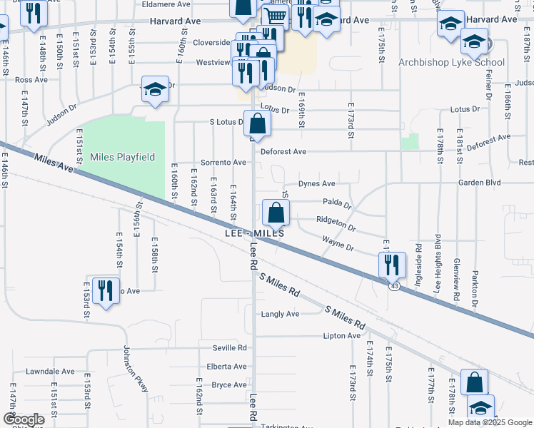 map of restaurants, bars, coffee shops, grocery stores, and more near 16607 Miles Avenue in Cleveland