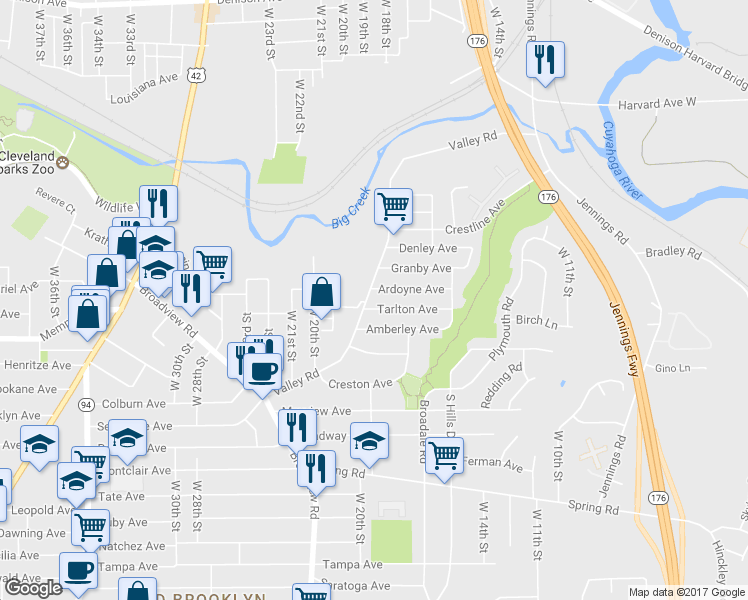 map of restaurants, bars, coffee shops, grocery stores, and more near 1817 Tarlton Avenue in Cleveland