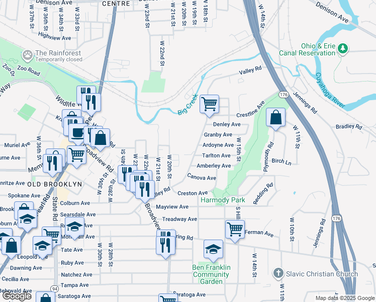 map of restaurants, bars, coffee shops, grocery stores, and more near 4150 Valley Road in Cleveland