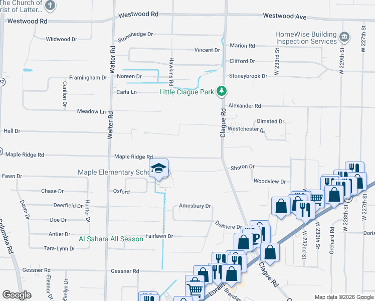 map of restaurants, bars, coffee shops, grocery stores, and more near 23939 Maple Ridge Road in North Olmsted