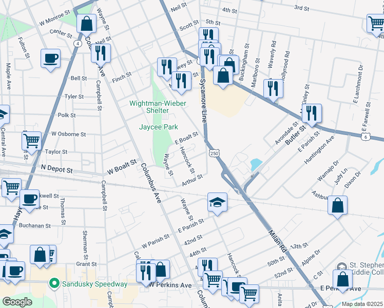 map of restaurants, bars, coffee shops, grocery stores, and more near 309 Lane Street in Sandusky
