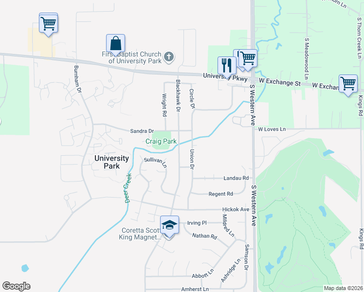 map of restaurants, bars, coffee shops, grocery stores, and more near 807 Blackhawk Drive in University Park