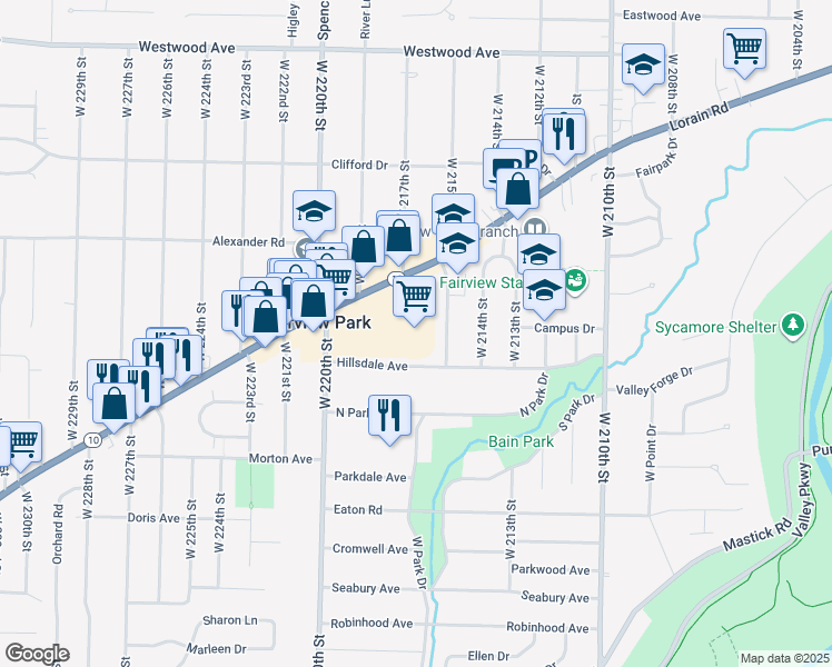 map of restaurants, bars, coffee shops, grocery stores, and more near 21593 Lorain Road in Fairview Park