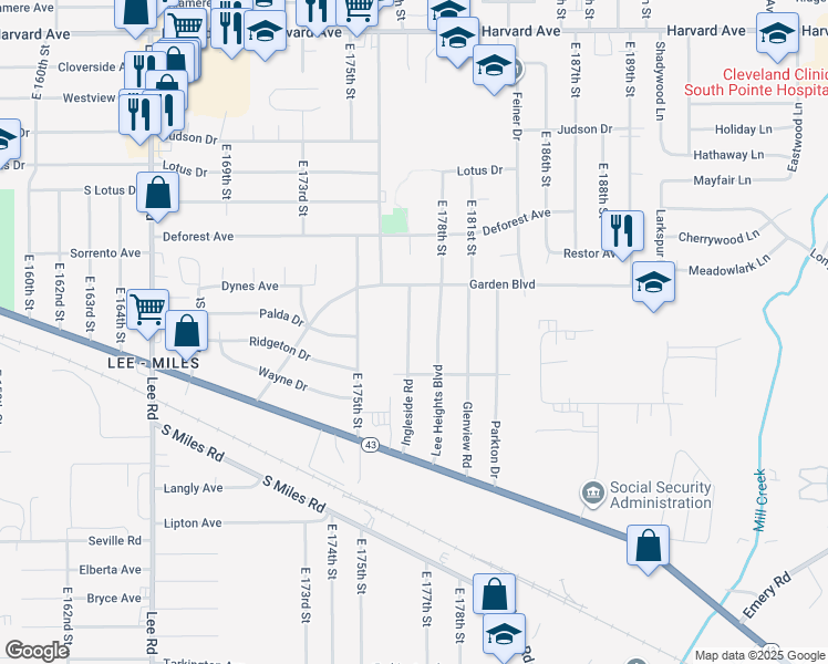 map of restaurants, bars, coffee shops, grocery stores, and more near 4377 Ingleside Road in Warrensville Heights