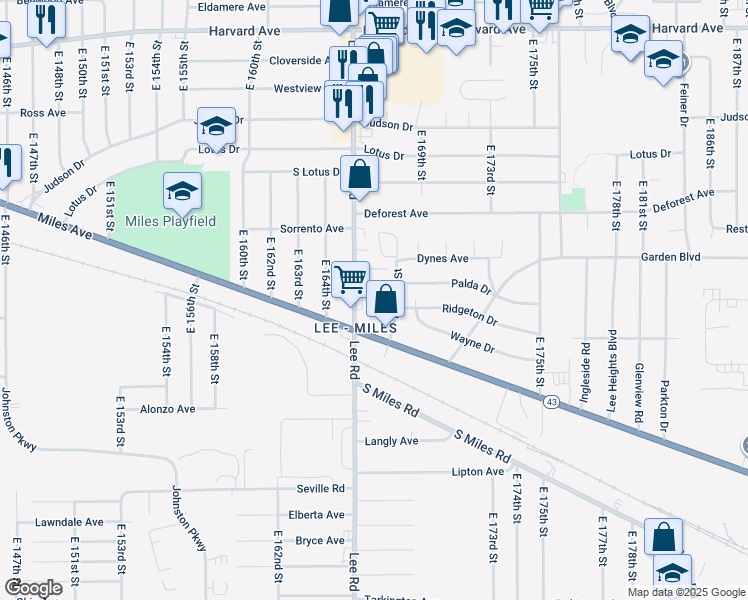 map of restaurants, bars, coffee shops, grocery stores, and more near 4345 Lee Road in Cleveland