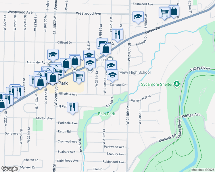 map of restaurants, bars, coffee shops, grocery stores, and more near 4595 West 213th Street in Fairview Park