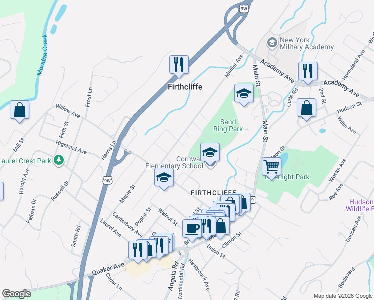map of restaurants, bars, coffee shops, grocery stores, and more near 100 Lee Road in Cornwall