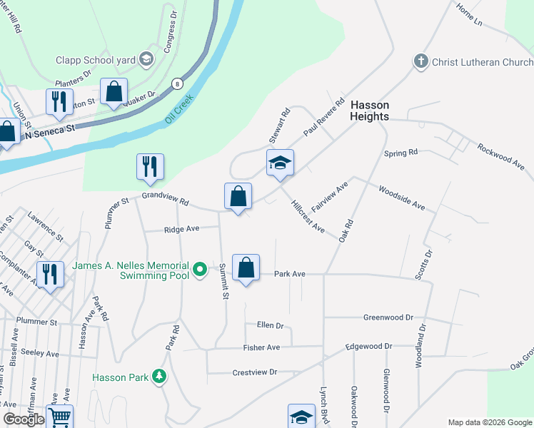 map of restaurants, bars, coffee shops, grocery stores, and more near 825 Grandview Road in Oil City