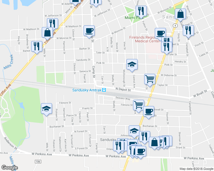 map of restaurants, bars, coffee shops, grocery stores, and more near 1221 North Depot Street in Sandusky