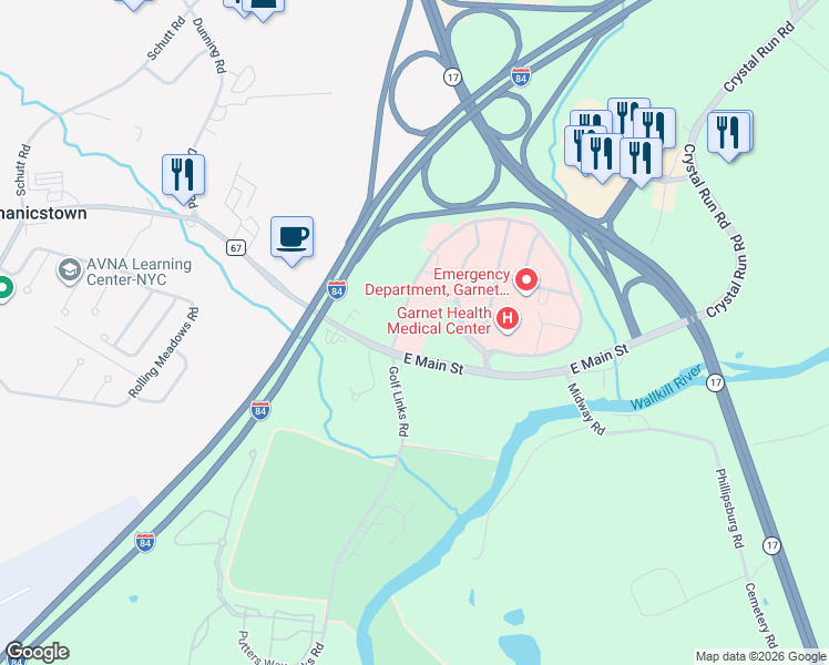map of restaurants, bars, coffee shops, grocery stores, and more near 662 East Main Street in Middletown