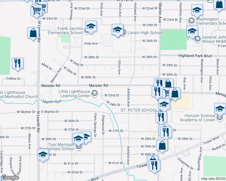 map of restaurants, bars, coffee shops, grocery stores, and more near 1481 West 33rd Street in Lorain