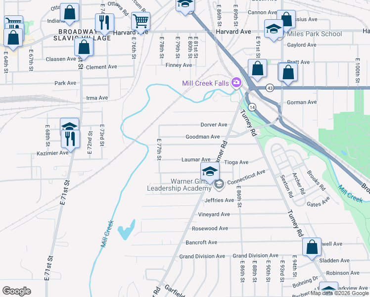 map of restaurants, bars, coffee shops, grocery stores, and more near 7905 Laumar Avenue in Cleveland