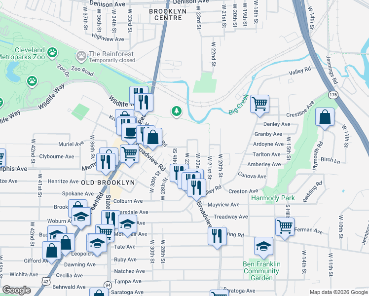 map of restaurants, bars, coffee shops, grocery stores, and more near 4228 West 23rd Street in Cleveland