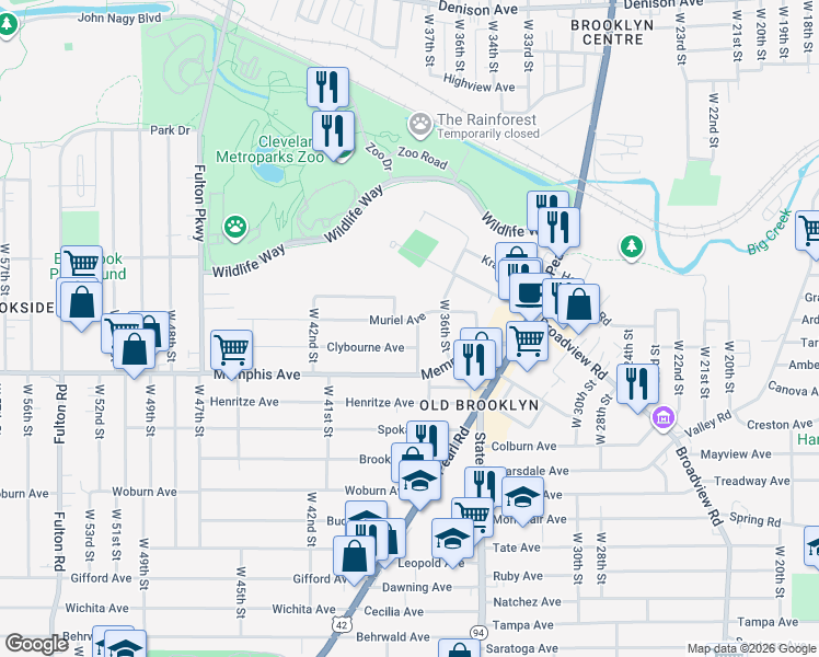 map of restaurants, bars, coffee shops, grocery stores, and more near 3801 Clybourne Avenue in Cleveland