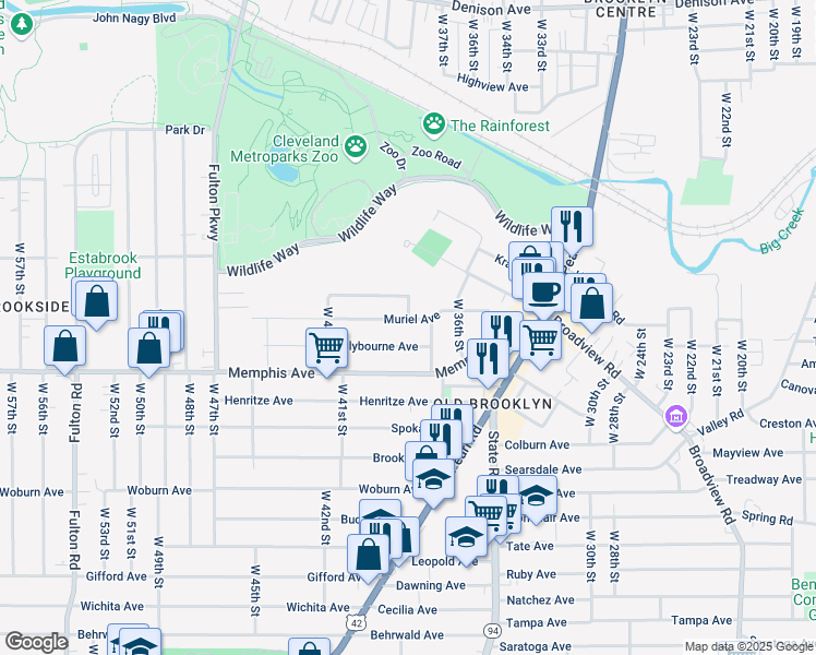 map of restaurants, bars, coffee shops, grocery stores, and more near 3921 Clybourne Avenue in Cleveland