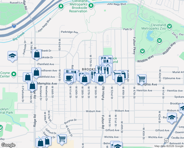 map of restaurants, bars, coffee shops, grocery stores, and more near 4268 West 57th Street in Cleveland