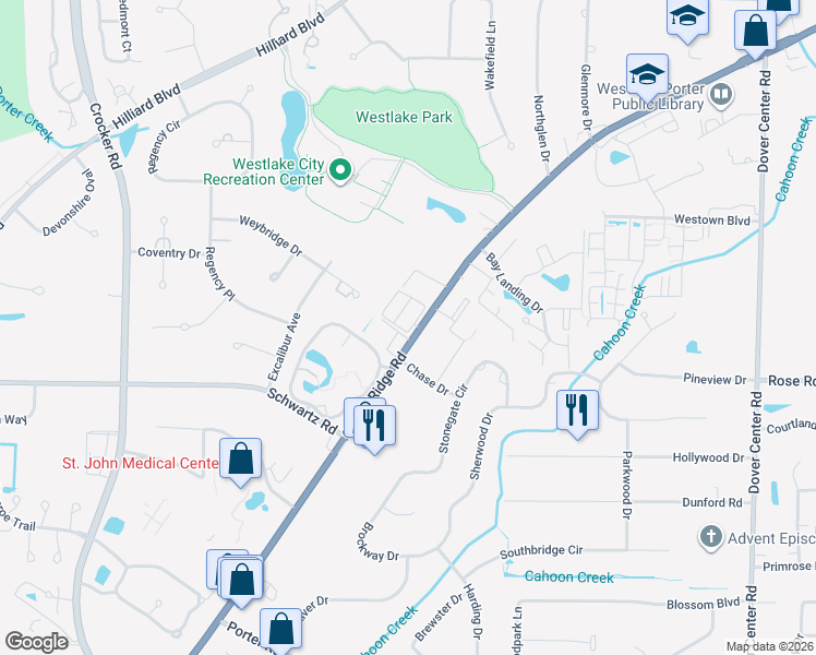 map of restaurants, bars, coffee shops, grocery stores, and more near 28419 Center Ridge Road in Westlake