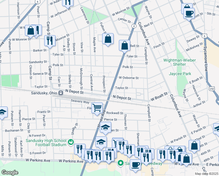 map of restaurants, bars, coffee shops, grocery stores, and more near 1621 Hayes Avenue in Sandusky
