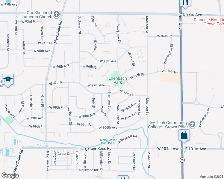 map of restaurants, bars, coffee shops, grocery stores, and more near 1335 W 97th Pl in Crown Point