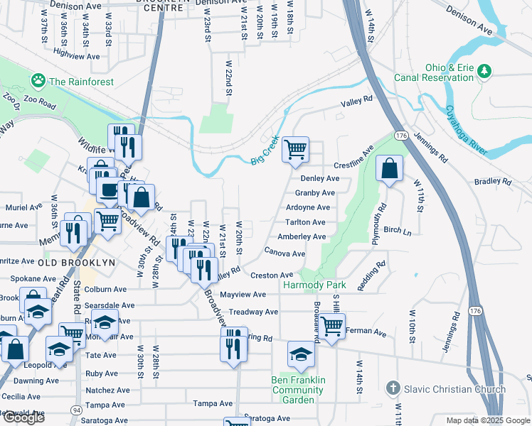 map of restaurants, bars, coffee shops, grocery stores, and more near 4146 Valley Road in Cleveland
