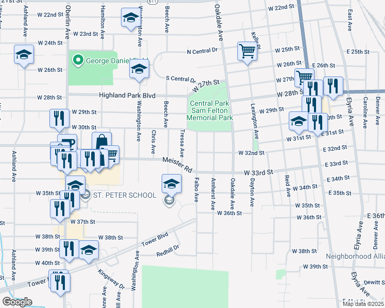 map of restaurants, bars, coffee shops, grocery stores, and more near 3260 Falbo Avenue in Lorain