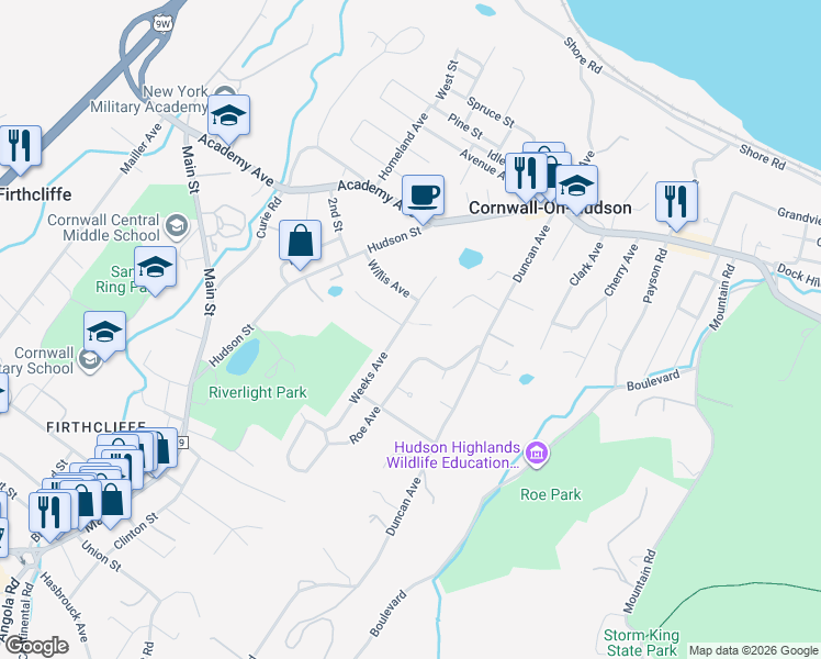map of restaurants, bars, coffee shops, grocery stores, and more near 29 Meadow Avenue in Cornwall-on-Hudson