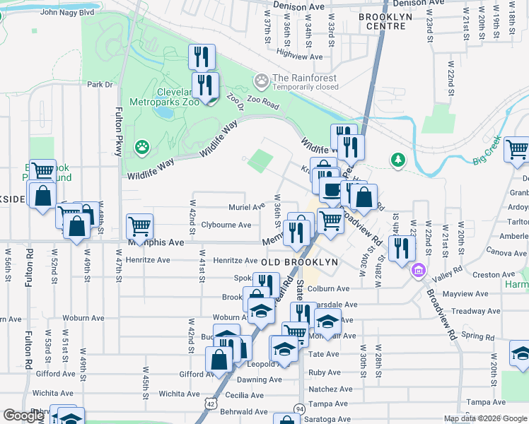 map of restaurants, bars, coffee shops, grocery stores, and more near 4213 West 38th Street in Cleveland