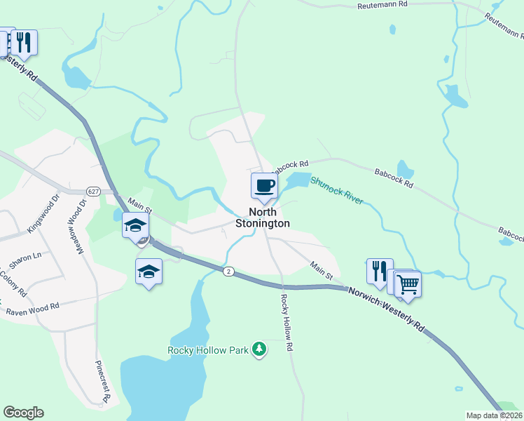 map of restaurants, bars, coffee shops, grocery stores, and more near Wyassup Road & Main Street in North Stonington