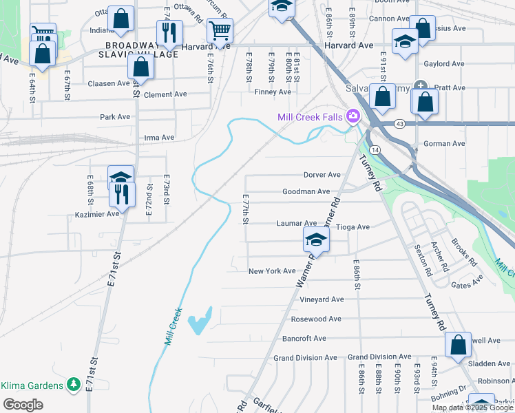 map of restaurants, bars, coffee shops, grocery stores, and more near 7712 Force Avenue in Cleveland