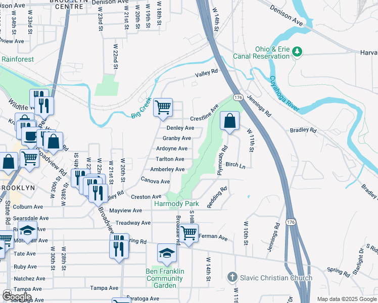 map of restaurants, bars, coffee shops, grocery stores, and more near 1505 Granby Avenue in Cleveland
