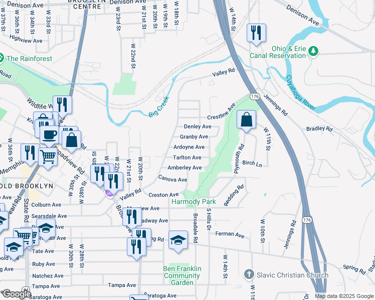 map of restaurants, bars, coffee shops, grocery stores, and more near 1621 Granby Avenue in Cleveland