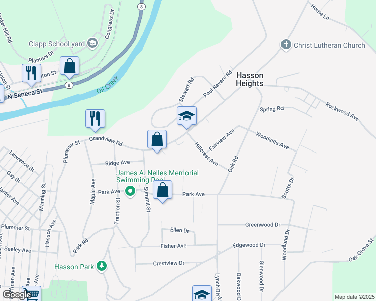 map of restaurants, bars, coffee shops, grocery stores, and more near 833 Grandview Road in Oil City