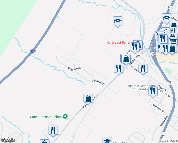 map of restaurants, bars, coffee shops, grocery stores, and more near 220 White Birch Drive in Scranton