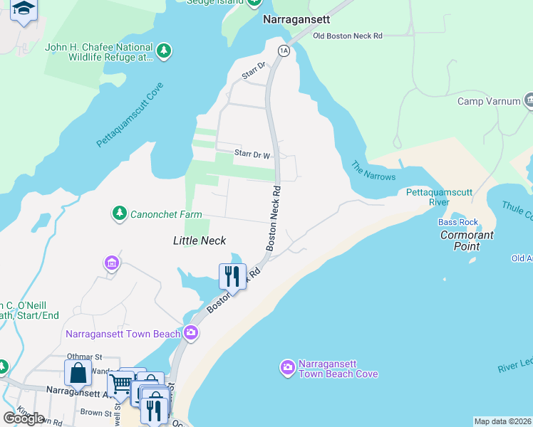 map of restaurants, bars, coffee shops, grocery stores, and more near 170 Boston Neck Road in Narragansett
