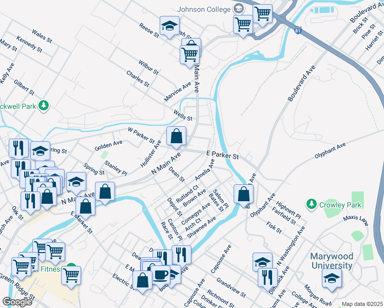 map of restaurants, bars, coffee shops, grocery stores, and more near 2514 North Main Avenue in Scranton