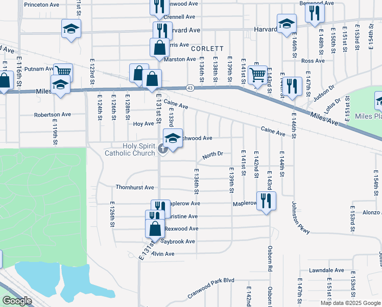 map of restaurants, bars, coffee shops, grocery stores, and more near 13602 Beachwood Avenue in Cleveland