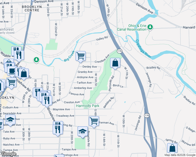 map of restaurants, bars, coffee shops, grocery stores, and more near 1505 Granby Avenue in Cleveland
