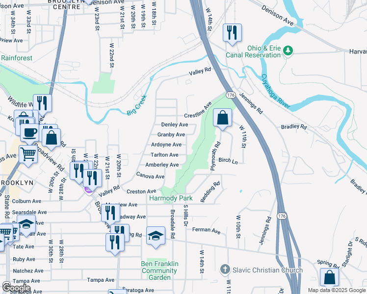 map of restaurants, bars, coffee shops, grocery stores, and more near 1505 Granby Avenue in Cleveland