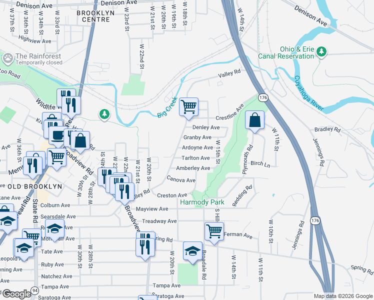 map of restaurants, bars, coffee shops, grocery stores, and more near 4100 Valley Road in Cleveland