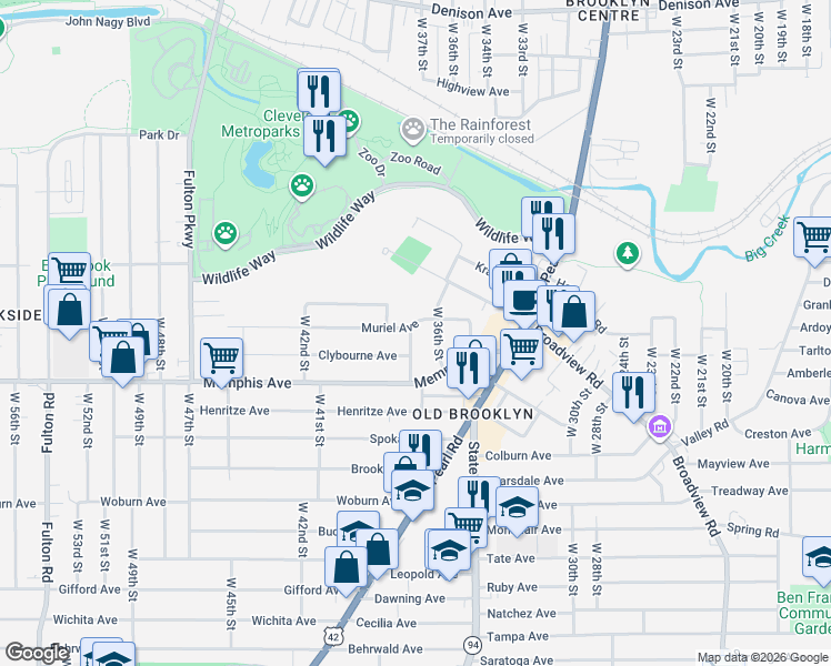 map of restaurants, bars, coffee shops, grocery stores, and more near 3620 Muriel Avenue in Cleveland