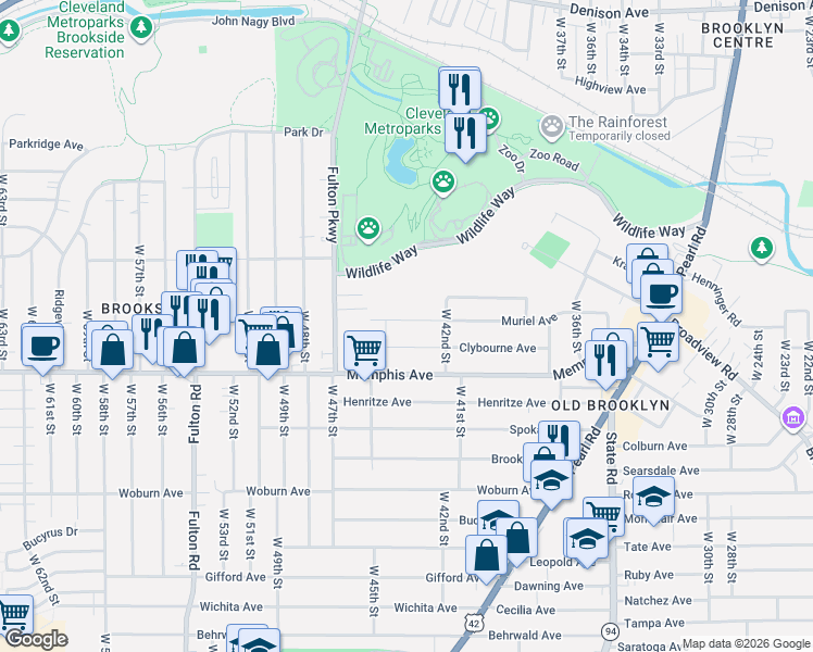 map of restaurants, bars, coffee shops, grocery stores, and more near 4322 Muriel Avenue in Cleveland