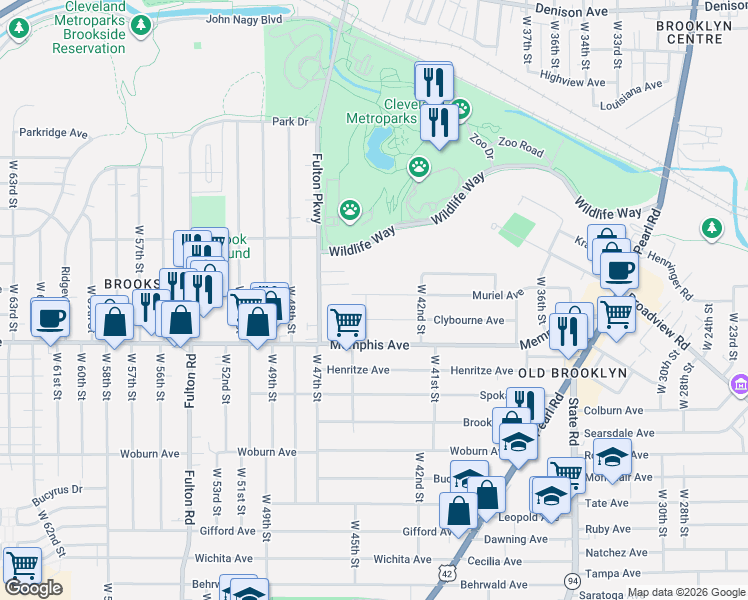 map of restaurants, bars, coffee shops, grocery stores, and more near 4322 Muriel Avenue in Cleveland
