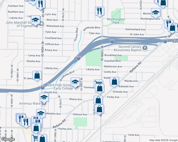 map of restaurants, bars, coffee shops, grocery stores, and more near 13118 Liberty Avenue in Cleveland