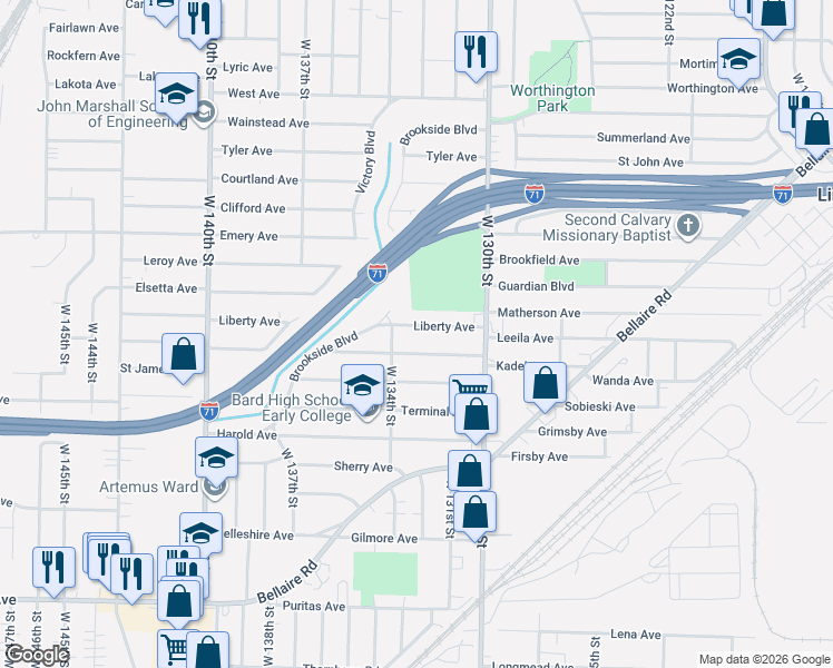 map of restaurants, bars, coffee shops, grocery stores, and more near 4117 Brookside Boulevard in Cleveland