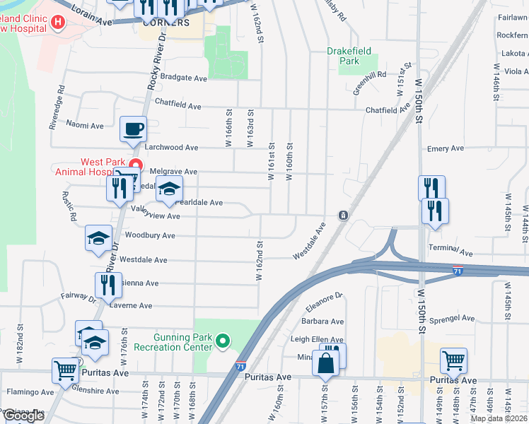 map of restaurants, bars, coffee shops, grocery stores, and more near 16301 Sedalia Avenue in Cleveland